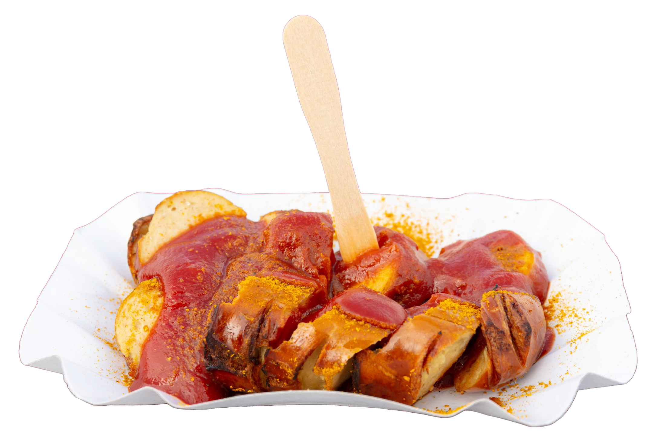 Kalles Foodshop - Onlinebestellungen für unseren Imbiss und Restaurant Kalles Foodstation in Daun. Currywurst in einer typischen weißen Pappschale, serviert mit Holzgabel – freigestellt auf transparentem Hintergrund
