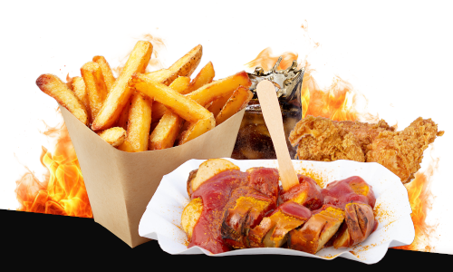 Menüs-Vorschaubild mit Currywurst, Pommes, Chicken-Nuggets und Colagetränk auf flammendem Hintergrund.
